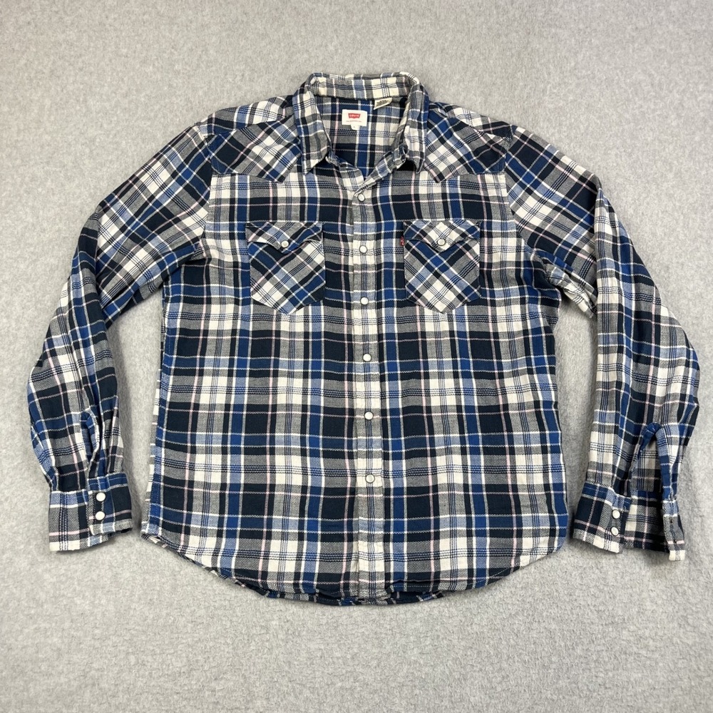 Levis Western Flannel Shirt Mens Large Blue White Plaid Cotton Pearl Snap